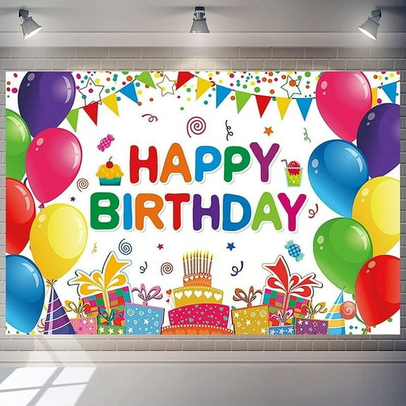 Happy Birthday Banner Backdrop Colorful Party Decorations for Kids Photography Background for Boys Girls Celebrations Balloon Wall Posters for Cake Table Decor 5x3ft