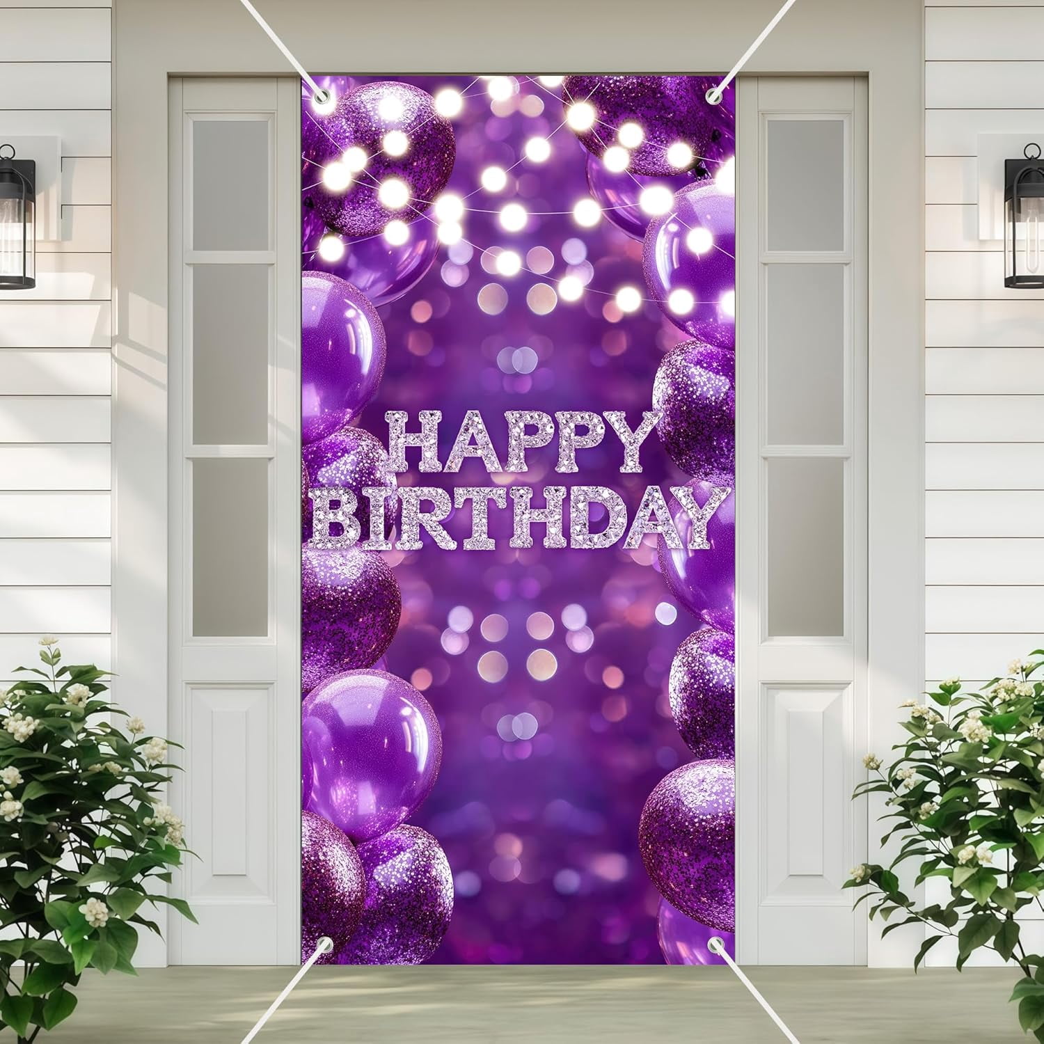 Happy Birthday Banner Backdrop Purple Glitter Balloons Diamond Confetti ...
