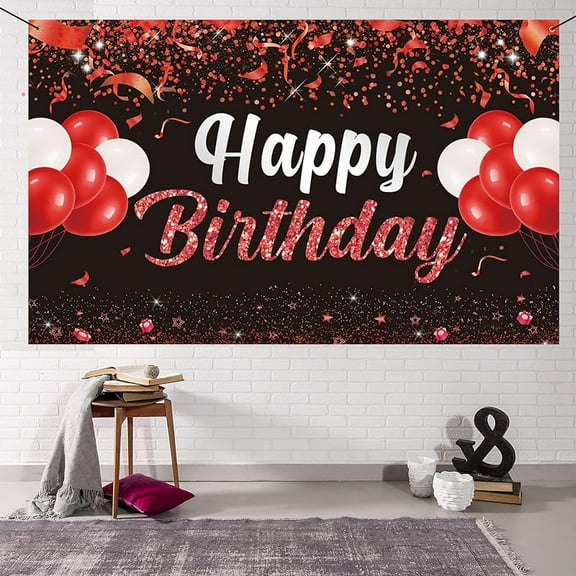 Happy Birthday Banner Backdrop - Red Black Birthday Party Decorations, Birthday Party Supplies Kids Men Women, Bday Gifts Sign Photo Booth Background Decor Girls Boys Outdoor 70.8*43.3 inches