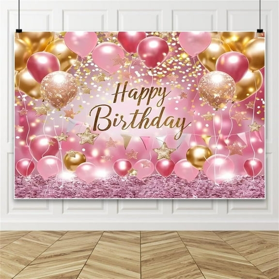 Happy Birthday Banner Beautiful Backdrop Rose Gold Birthday Backdrops Cloth Sign Poster Glitter Balloon Flag Sign Poster Photo Backdrop Outdoor Indoor Decoration