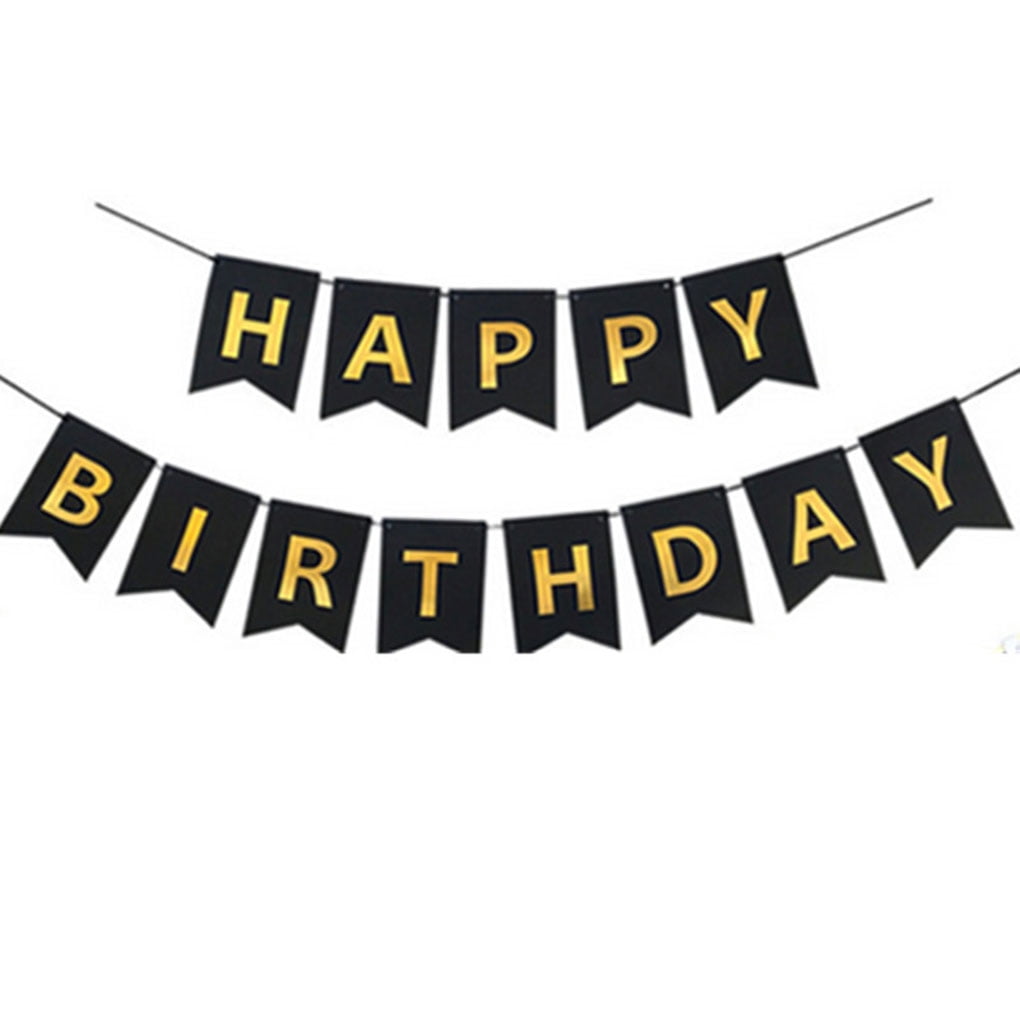 Happy Birthday Banner Birthday Party Decoration Garland Hanging Pull Flag Pennant - Black