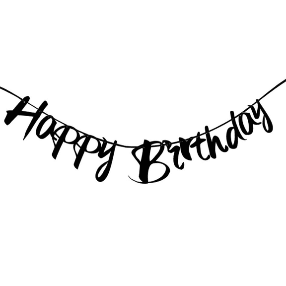 Happy Birthday Banner, Black, Cursive Script Style, Party Decoration