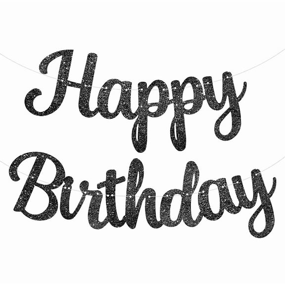Happy Birthday Banner, Black Glitter, Cursive Script Style, Party Decoration