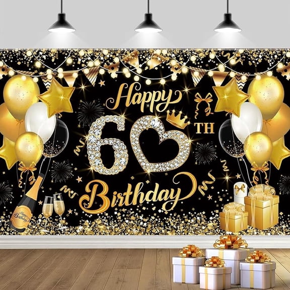 Happy Birthday Banner Black Gold Birthday Party Decoration Backdrop, Birthday Poster Fabric Banner Photography Background for Man Woman, 180 x 110 cm