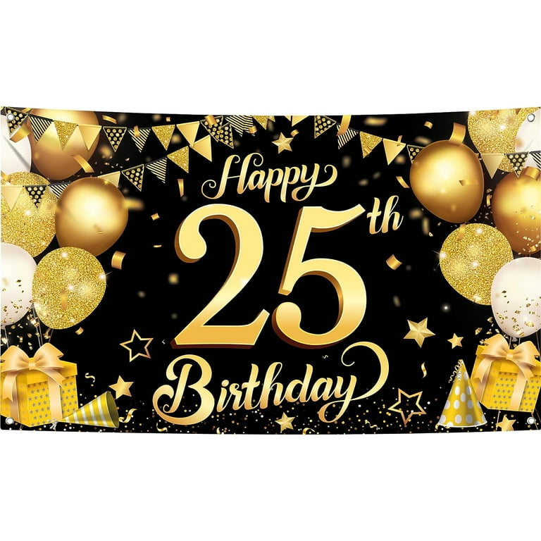 Happy Birthday Banner Black and Gold 25 Years Old - Xtra L, 72x44 Inches | 25th Birthday Background | Men's 25th Birthday Decoration, Size: 10.79 x