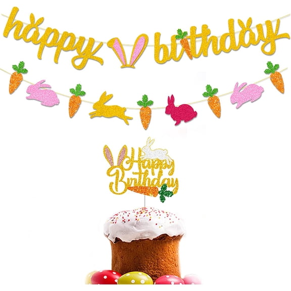 Happy Birthday Banner Decoration, Easter Bunny Rabbit Theme Hanging Garland For Kids Girls 1st Or 2nd Birthday, Spring Party Decor, Multicolor