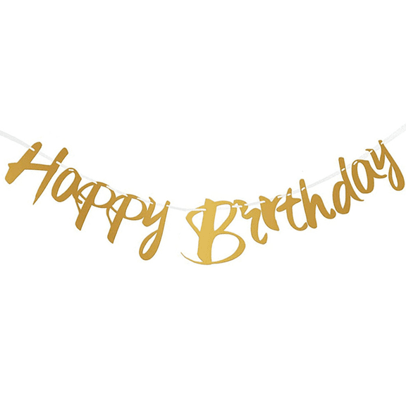 Happy Birthday Banner, Gold, Cursive Script Style, Party Decoration