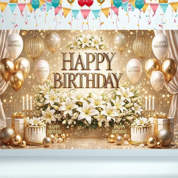 Happy Birthday Banner Gold Elegant Party Decoration Banner Balloon ...