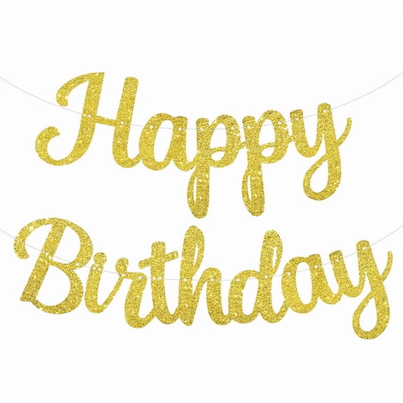 Happy Birthday Banner, Gold Glitter, Cursive Script Style, Party Decoration