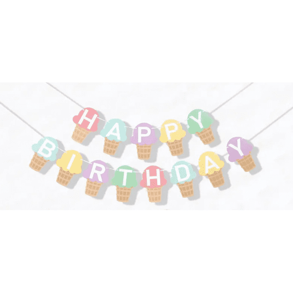 Happy Birthday Banner, Ice Cream Theme, Pastel Colors, Party Decoration