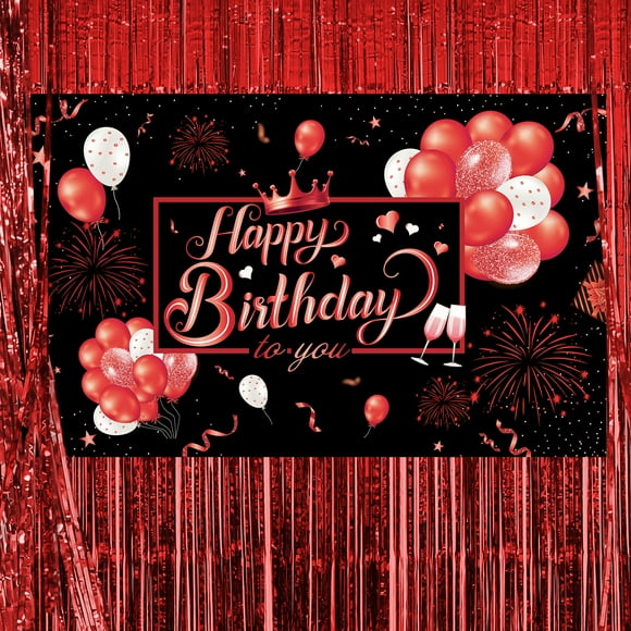 Happy Birthday Banner - Large Glitter Fabric Photo Backdrop with Balloon & Fireworks Design for Party Decorations, 72x44 Inch Reusable Black and Red Celebration Background