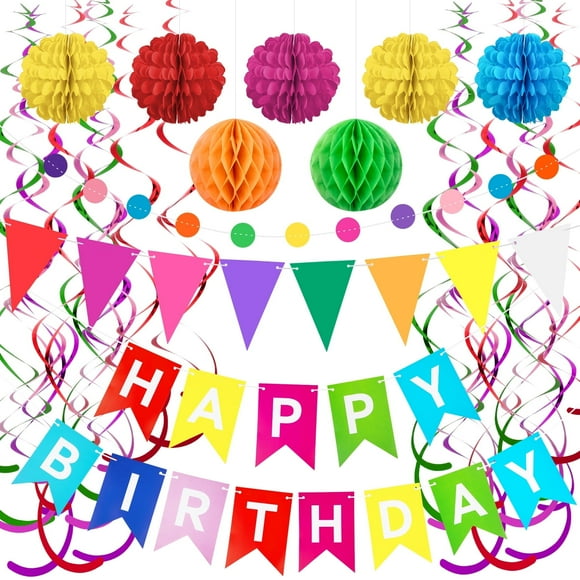 Scidweet Happy Birthday Banner Party Decorations with Colorful Rainbow Paper Honeycomb Balls Circle Dots Flags Swirl Streamers for Birthday