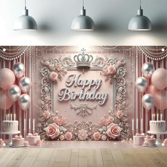 Happy Birthday Banner,Pink Flower Background Sign Theme Party Decorations Indoor Outdoor