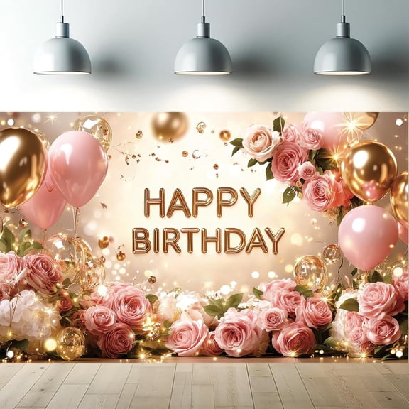Happy Birthday Banner,Pink Flower Background Sign Theme Party Decorations Indoor Outdoor