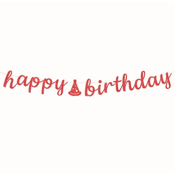 Happy Birthday Banner, Red Glitter, Script Style, Party Hat Design, Birthday Party Decoration