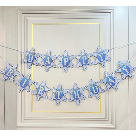 Happy Birthday Banner, Snowflake Theme, Blue and Silver Glitter, Winter Party Decoration