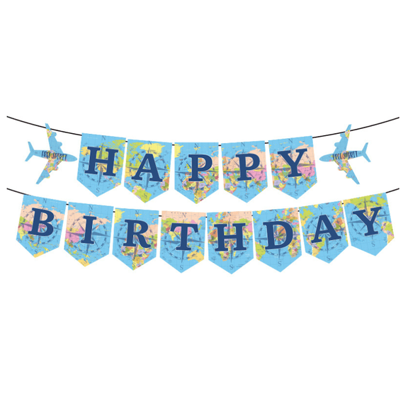 Happy Birthday Banner, Travel Theme, World Map Design with Airplane Accents, Party Decoration