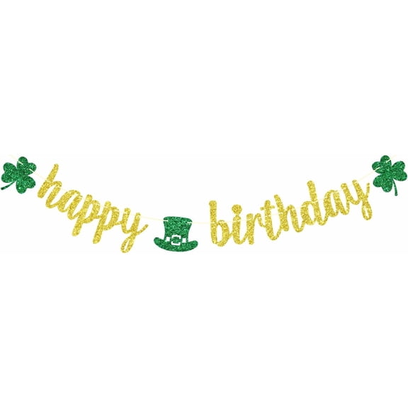 Happy Birthday Banner for St. Patrick's Day, Shamrock Birthday Banner, Gold and Green Glitter