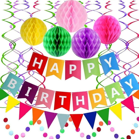 Happy Birthday Banner with Colorful Paper Flag Bunting Paper Circle Confetti Garland Swirl Streamers Honeycomb Ball for Boys Girls Birthday Party