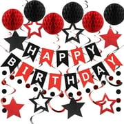 Happy Birthday Banner with Honeycomb Balls, Star, Circle Dots, Happy Birthday Party Decorations for Women Men Boys Girls Red & Black