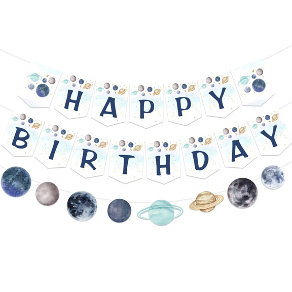 Happy Birthday Banner with Planet Garland, Space Theme Party Decoration, Solar System Design