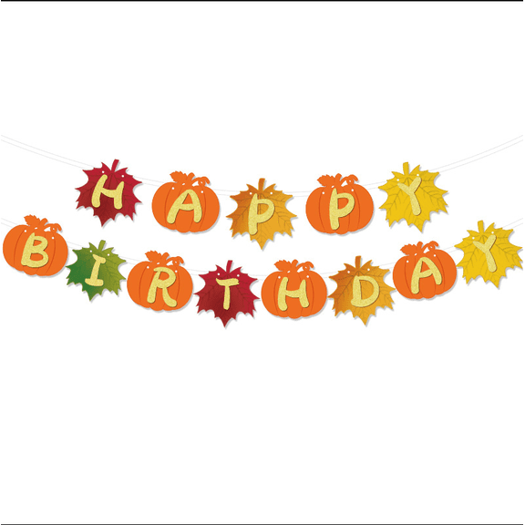 Happy Birthday Banner with Pumpkin and Fall Autumn Leaves, Party Decoration, Orange