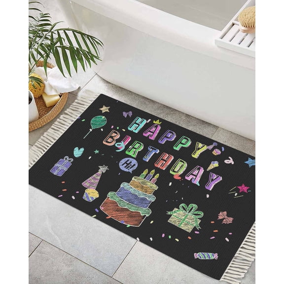 Happy Birthday Bath Rug 2x3ft Woven Bathroom Entryway Runner Rug,Birthday Gifts Cake Balloons Black Washable Living Room Hallway Bedroom Kitchen Carpet with Tassels,Indoor Outdoor Throw Doormat