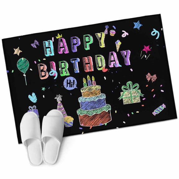 Happy Birthday Bathroom Mat 2x3 FT, Non Slip Small Kitchen Mat, Birthday Gifts Cake Balloons Black Washable Soft Backed Front Door Throw Rug Non-Shedding Indoor Outdoor Doormat for Entryway Sink