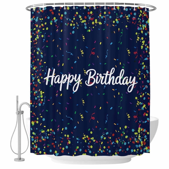Happy Birthday Bathroom Shower Curtains with Hooks, Colorful Ribbons Polka Dots Navy Blue Background Waterproof Fabric Washable Shower Curtain for Home Hotel Bathtub Decor 36x72 Inch