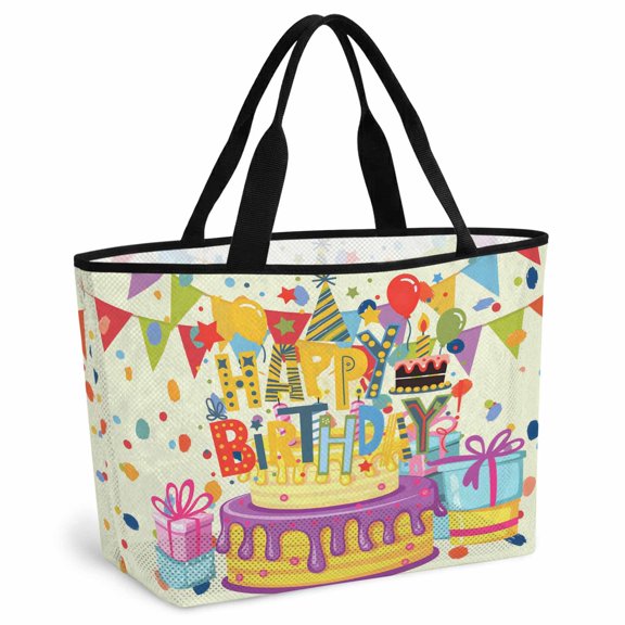 Happy Birthday Beach Bag for Women, Large Breathable Mesh Beach Tote Bag, Beige Balloon Ribbon Cake Sandproof Lightweight Travel Bags for Vacation Picnic Swimming Pool 15.7"x15.7"x9.1"
