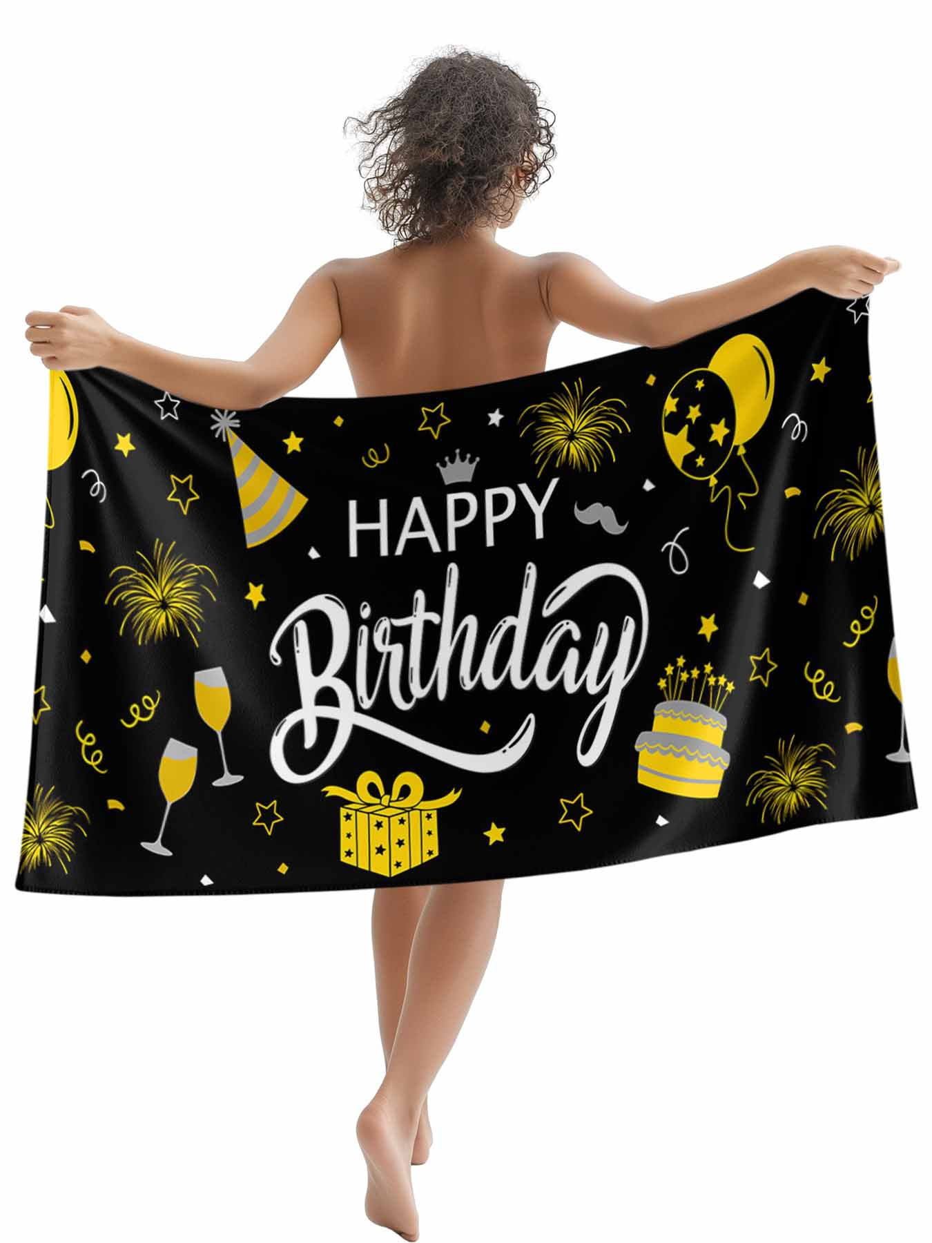 Happy Birthday Beach Towels Blanket Soft & Absorbent Quick Dry Microfiber Cake Fireworks Pool Towels for Swimming ,Yoga, Sports, Gym, Camping,Large 30X60in, Black Gold