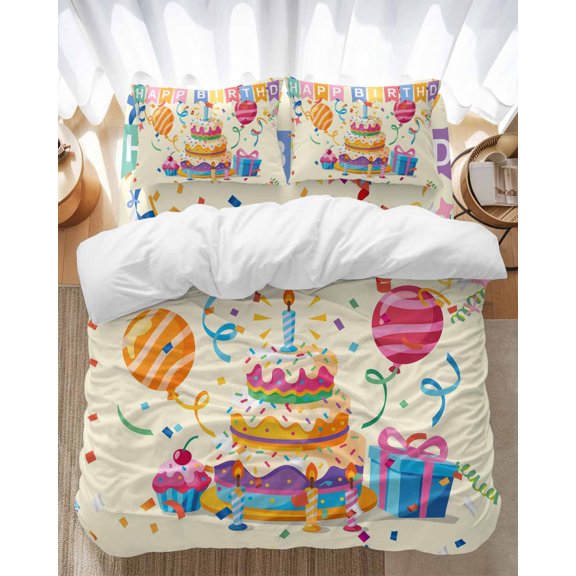 Happy Birthday Bedding Duvet Cover Set Twin Size 4 Pieces Ribbon Cake Gift Balloon Modern Style Bedding Set with Zipper Closure, 1 Comforter Cover 68x90 Inches 1 Flat Sheet & 2 Pillow Cases
