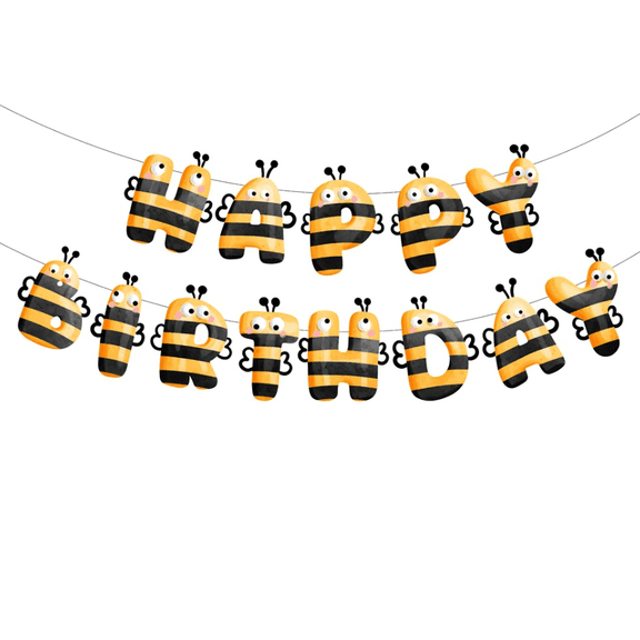 Happy Birthday Bee Banner, Black and Yellow Bee Theme, Party Decoration Garland