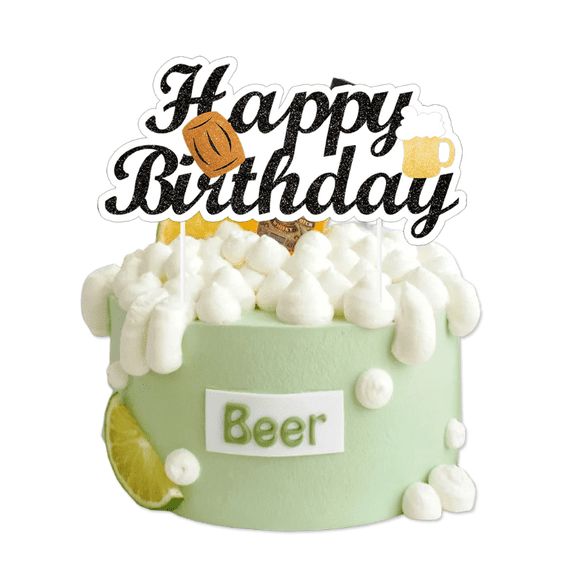 Happy Birthday Beer Theme Cake Topper, Black Glitter, Party Decoration