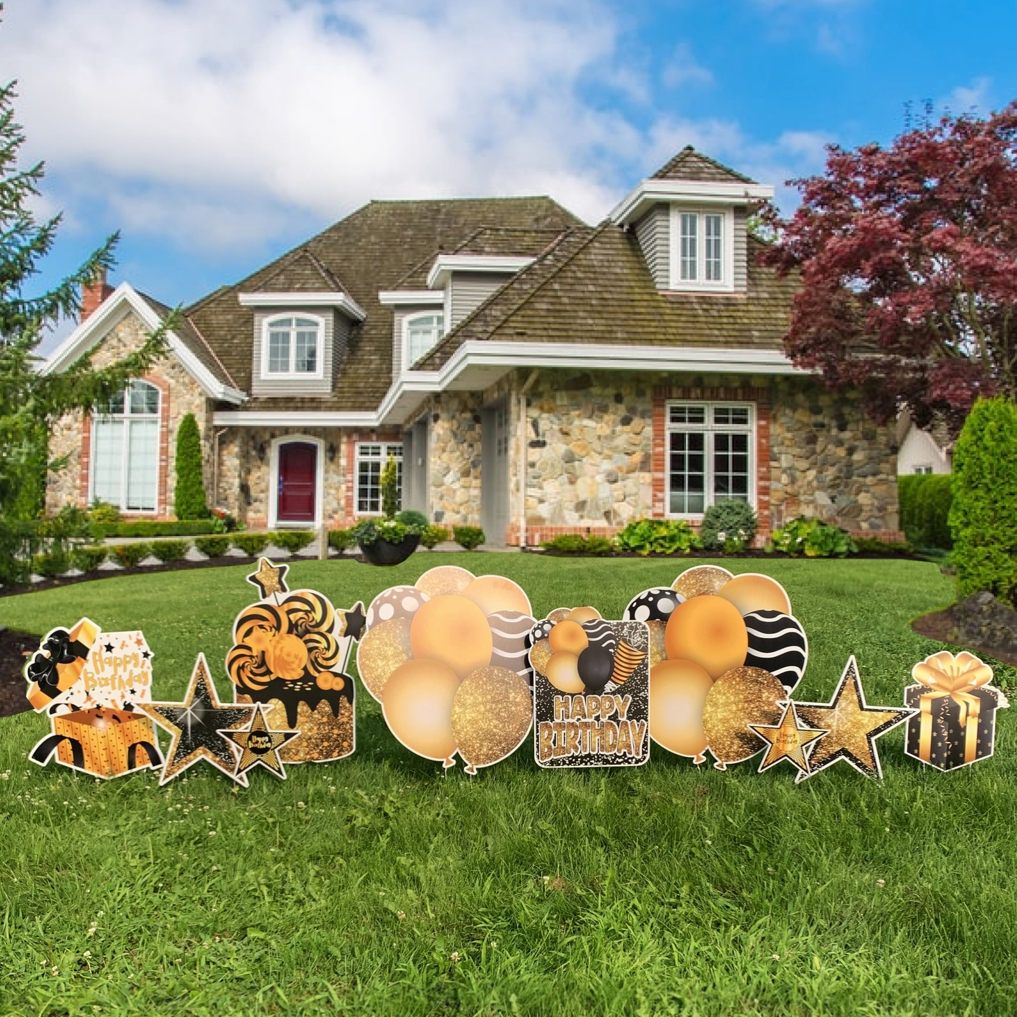 Happy Birthday Big Yard Black & Gold Yard Sign Decoration Set, Happy Birthday Lawn Signs, 8 Pieces (19485)