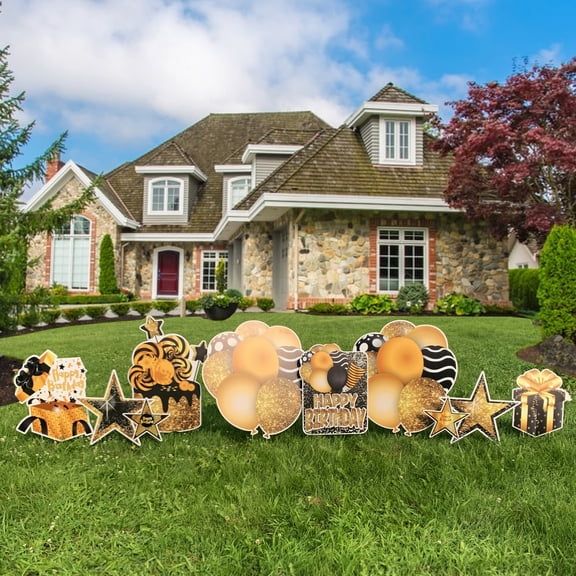 Happy Birthday Big Yard Black & Gold Yard Sign Decoration Set, Happy Birthday Lawn Signs, 8 Pieces (19485)