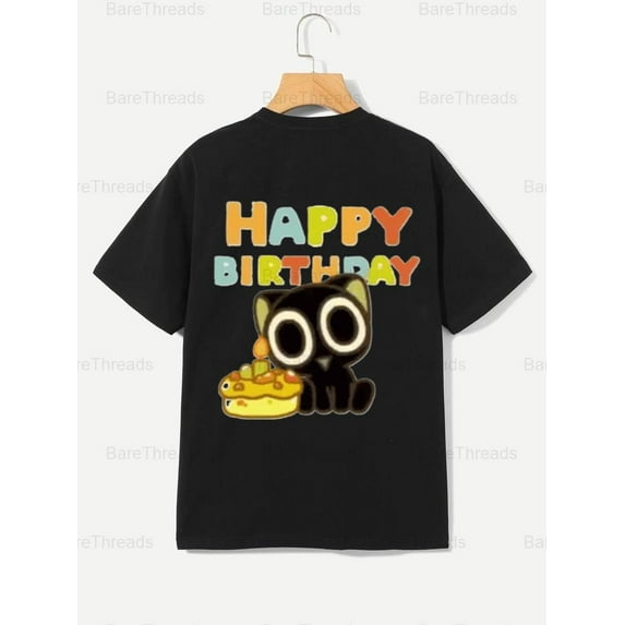 Happy Birthday Black Cat Cake T-Shirt - Cartoon Celebration Graphic Tee , For Men/Women,Up to 5XL