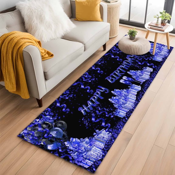Happy Birthday Blue 2'x6' Runner Rugs for Hallway Kitchen Bedside Non Slip, Gifts Balloons Goblet Glitter Ribbons Black Entryway Rug Runners with Rubber Backing, Long Carpet Runner for Laundry Room