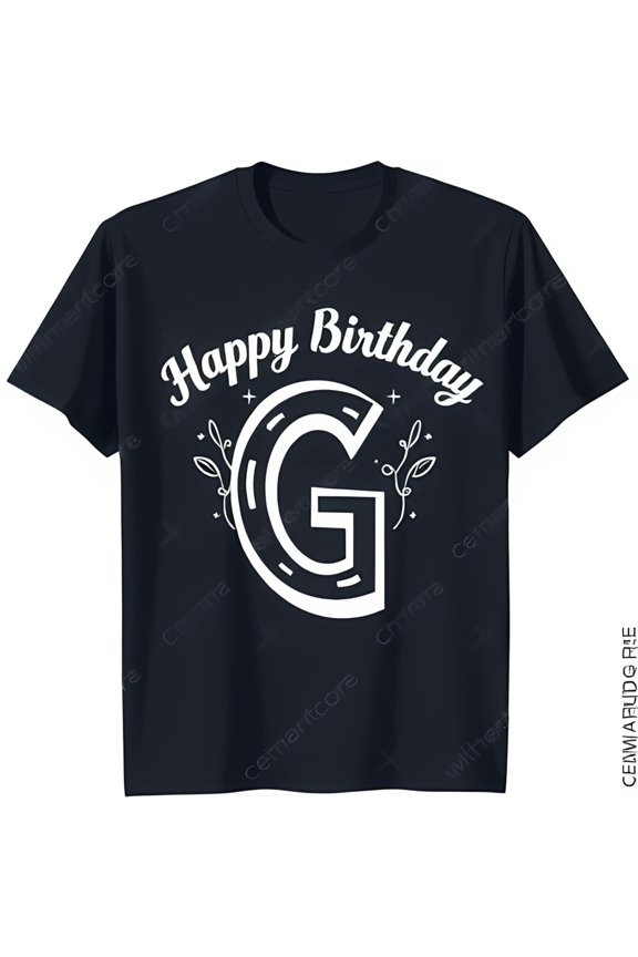 Happy Birthday Blue T-Shirt with Bold White Text & Floral 'G' Design