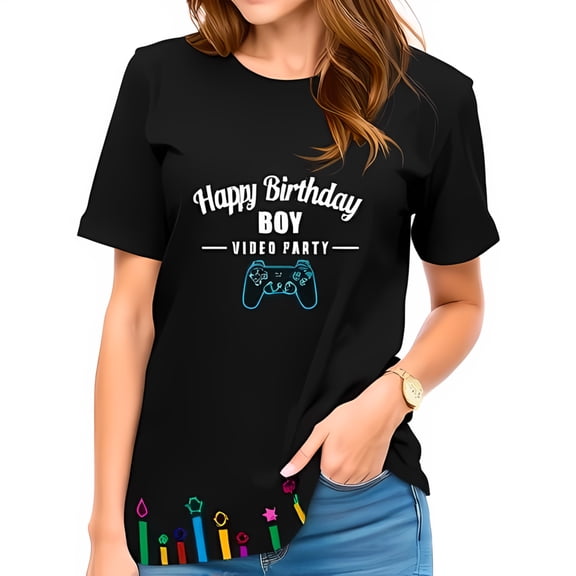 Happy Birthday Boy Cotton Short Sleeve T-Shirt - Controller Graphic & Colorful Candle Design