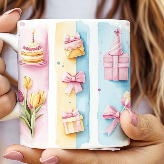 Happy Birthday Brush Strokes Mug, Gift for Her, Birthday Gift for her, Coffee Mug, pastel colors, flowers, birthday cake, coworker gift