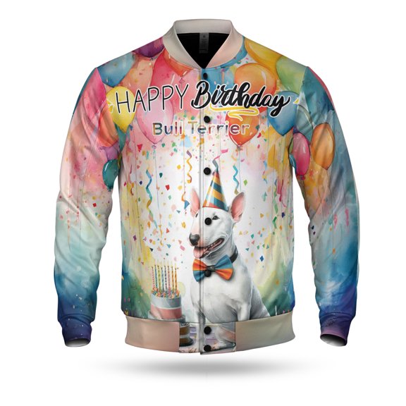 Happy Birthday to Bull Terrier Kitten Party Balloons Cake All Over Print 3D Baseball Jacket Bully Dog Lovers Gifts Idea Bomber Jacket Softball - 00027