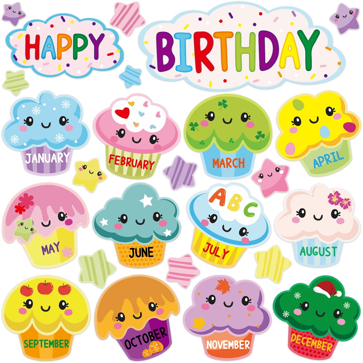 Happy Birthday Bulletin Board Set Sweet Bright Color Cupcake Classroom