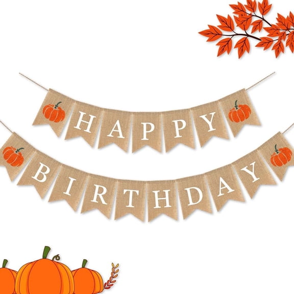 Happy Birthday Burlap Banner with Orange Pumpkins, Rustic Jute Pennant Garland for Fall Pumpkin Themed Birthday Party Fireplace Wall Decorations
