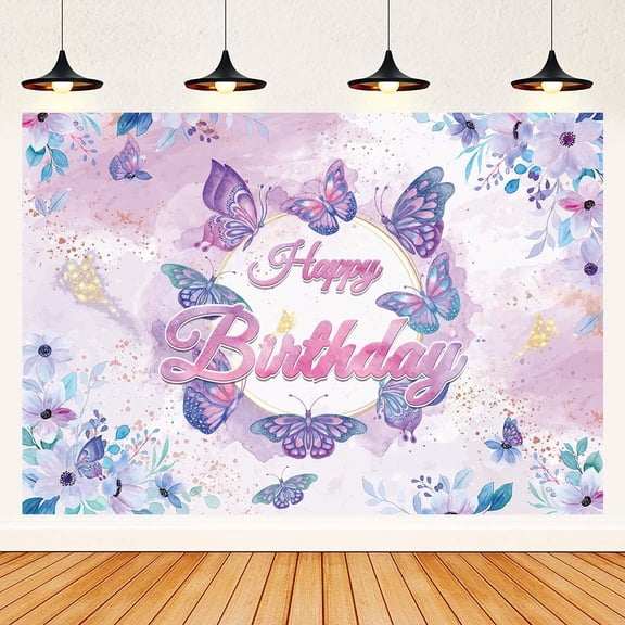 Happy Birthday Butterfly Party Backdrop Banner - Decorations Butterfly Background Party Supplies
