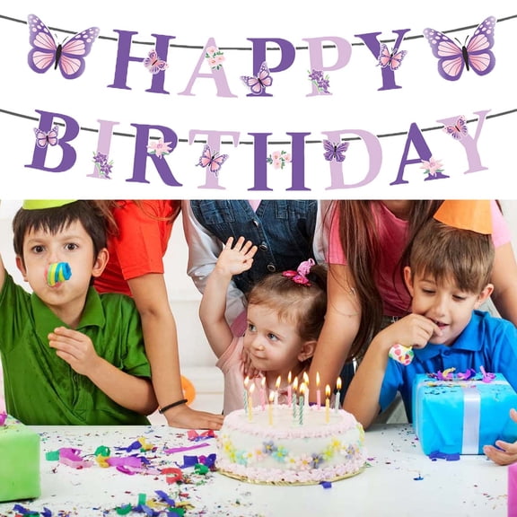 Happy Birthday Butterfly Party Decorations, Purple & Pink Butterfly Garland With 15-Piece Banner, For Birthday Parties, Birthdays, Butterfly Themed Celebrations