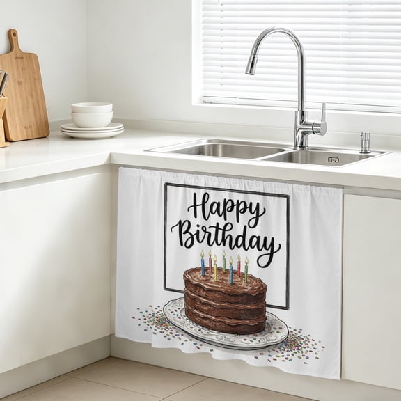 Happy Birthday Cabinet Curtains for Kitchen 10"W x 11"L, Watercolor Chocolate Cake Colored Candle Candy Under Sink Skirt Magic Tape Short Curtain Decorative Privacy Panel for Bathroom Laundry