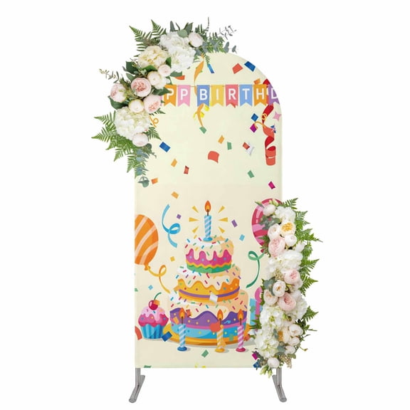 Happy Birthday Cake Arch Backdrop Cover 5FT, Ribbon Balloon Cartoon Cute Spandex Fitted Stretchy Arch Stand Covers, Round Top Chiara Backdrop Cover for Wedding Party Birthday Baby Shower