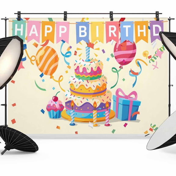 Happy Birthday Cake Backdrop for Photography, Fabric Photo Background Backdrop, Ribbon Balloon Cartoon Cute Photo Booth Background for Portrait Photoshoot Video Wedding Studio Decoration Banner 7x5ft
