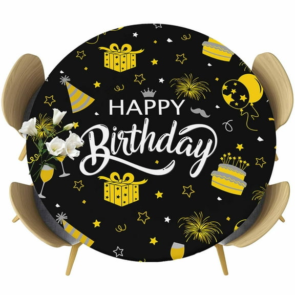Happy Birthday Cake Balloon Firework Fitted Round Tablecloths Table Covers 55"-60",Waterproof Table Cloth for Kitchen Holiday Party Tables Decor